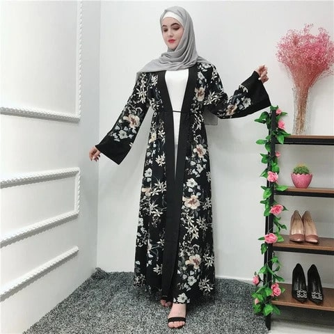 Abaya Kimono Noire aux Motifs Fleuris