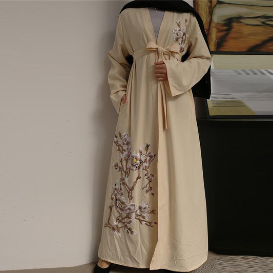 Abaya Beige à Motifs Floraux : Élégance au Quotidien