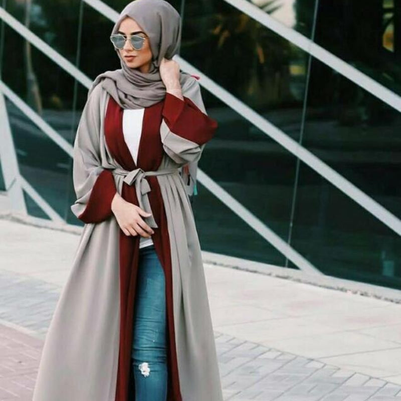 Abaya Kimono Grise & Bordeaux